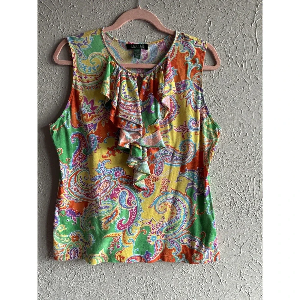 Lauren Ralph Lauren XL Paisley Ruffle Sleeveless Blouse Colorful Cotton Top - Picture 2 of 11